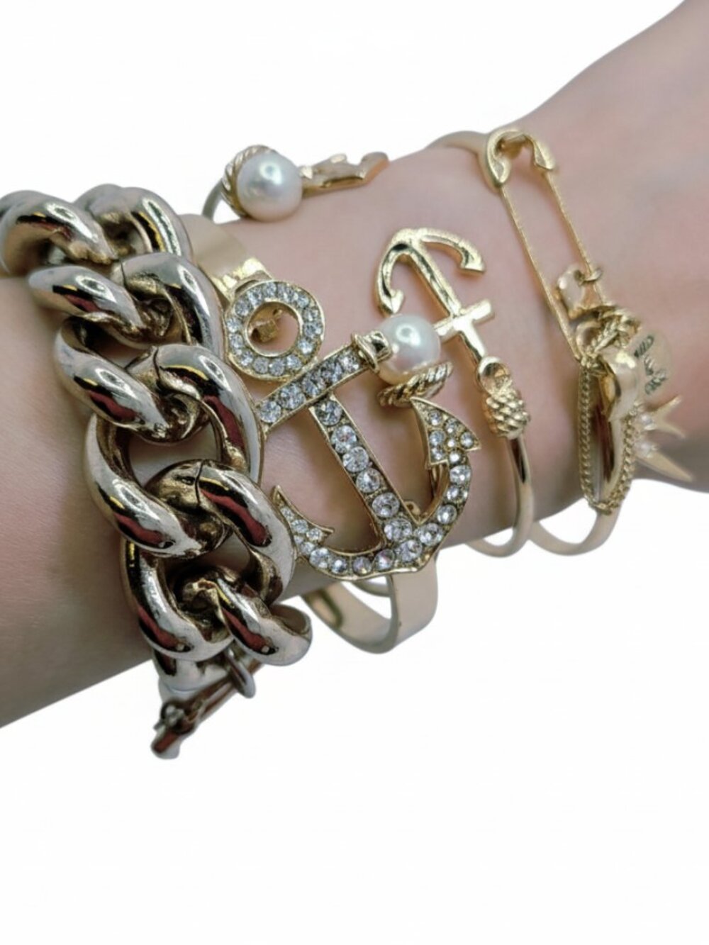 Gold Anchor & Chain Pearl Accent Bracelet Set